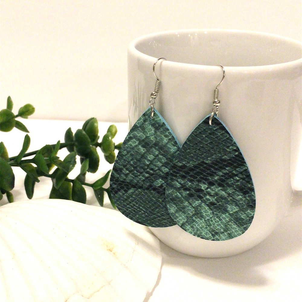 Green Snakeskin Leather Teardrop Earrings